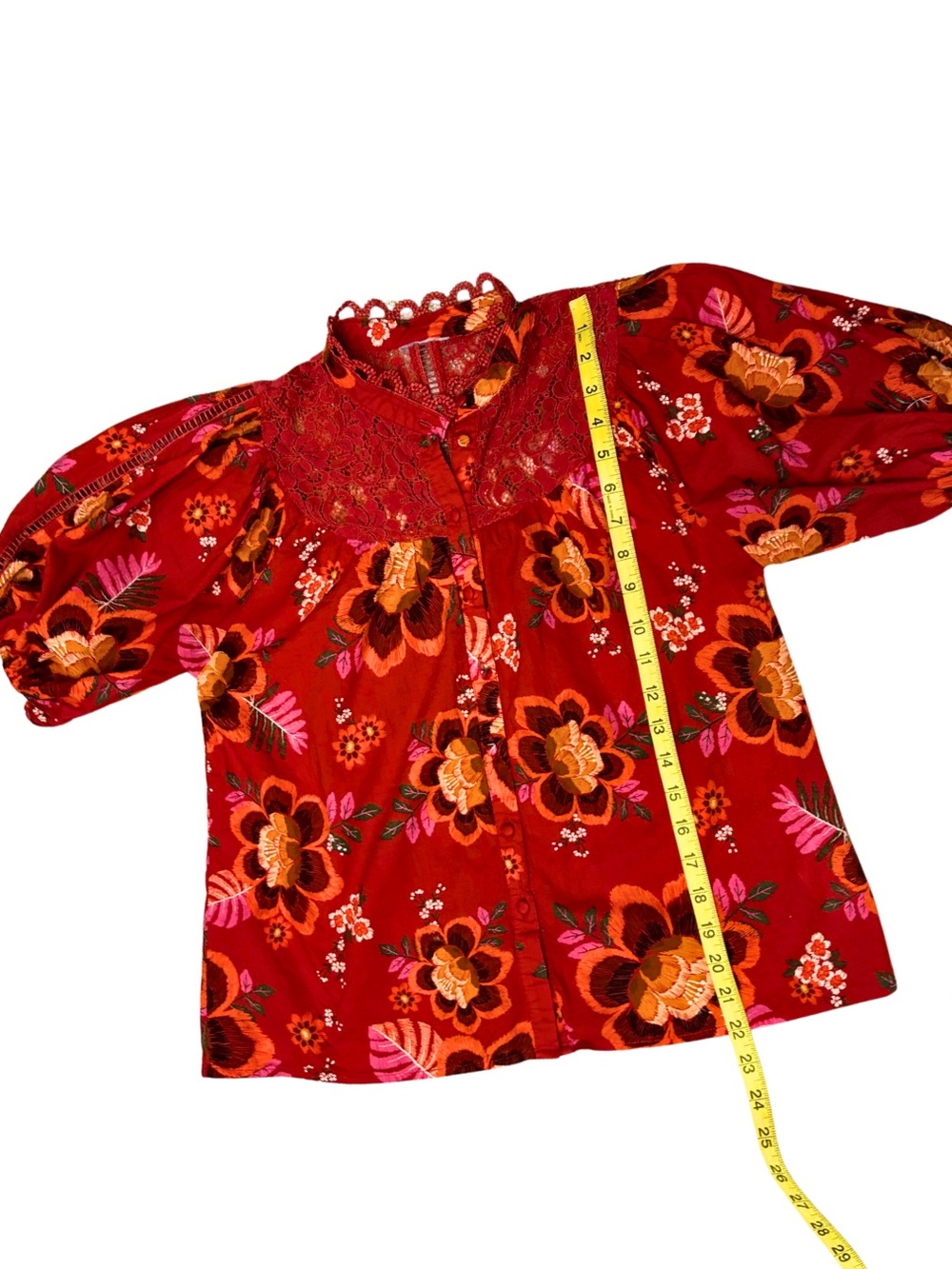 FARM Rio Women’s XS Floral Puff Sleeve Lace Button Blouse Red Boho Cottagecore - Picture 11 of 11